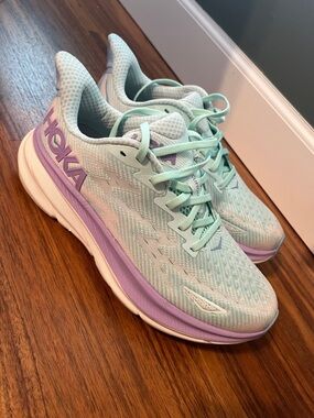 Hoka Clifton 9 Women's Mint and Lavender Running Sneakers